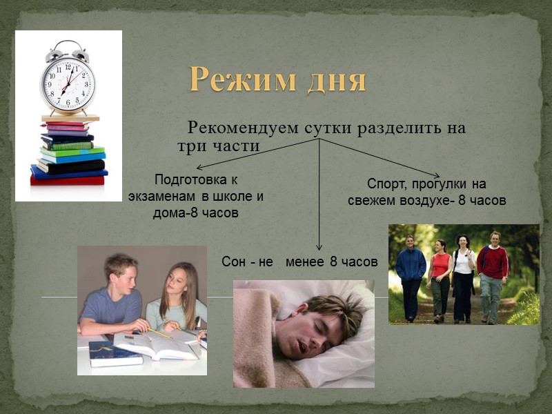 Рекомендуем сутки разделить на три части Подготовка к экзаменам в школе и дома-8 часов